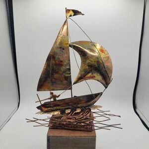 Vintage, MCM,Metal, Copper Toned, Animated Musical Sailboat Nautical‎ Sailing